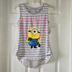 Despicable Me Minion Girls Grey and White Striped Shear Back Tank Top Size XS
